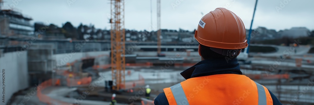 A construction site with a builder wearing a safety helmet and vest, overseeing the progress next to cranes and machinery. A construction site with a builder wearing a safety helmet and vest, overseeing the progress next to cranes and machinery.