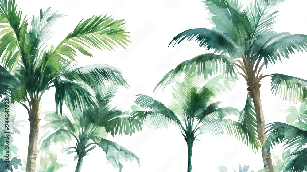 Watercolor illustration of green palm trees on a white background Retro coconut trees in a floral tropical jungle setting Watercolor illustration of green palm trees on a white background Retro coconut trees in a floral tropical jungle setting