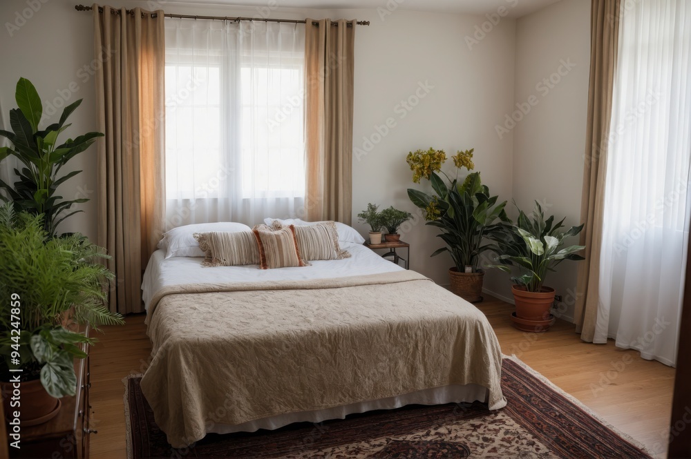 Fototapeta premium A bedroom with a bed, curtains, and plants