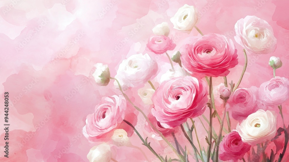 Watercolor illustration of pink and white ranunculus flowers on a blurred pink background Watercolor illustration of pink and white ranunculus flowers on a blurred pink background