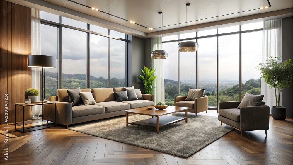 Sleek, modern, empty living room with sparse furniture, large windows, and clean lines, showcasing a minimalist approach to luxury residential real estate design. Sleek, modern, empty living room with sparse furniture, large windows, and clean lines, showcasing a minimalist approach to luxury residential real estate design.