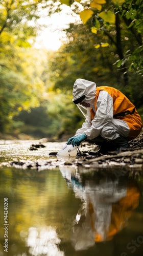 Environmental Scientist Testing Water Samples River Protective Gear Collecting Levels Toxic Waste Acidity Harmful Chemicals