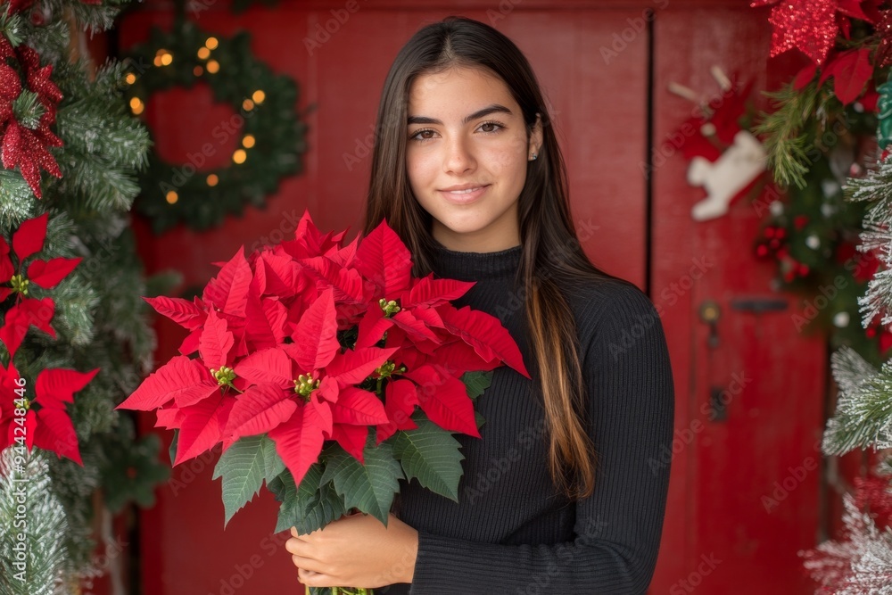 A woman stands in daylight outside a shop with red doors and decorative baubles, holding a pot of poinsettias. A woman stands in daylight outside a shop with red doors and decorative baubles, holding a pot of poinsettias.
