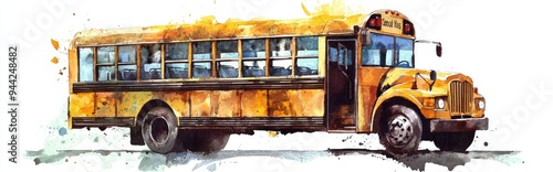 Watercolor illustration of a school bus isolated on white photo