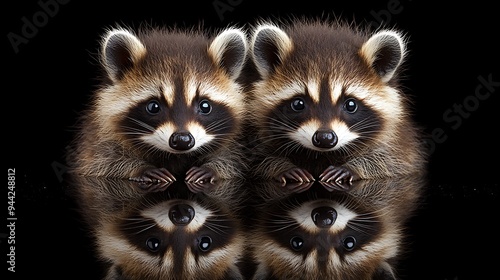 Two cute baby raccoons looking at the camera with their reflection in the water.