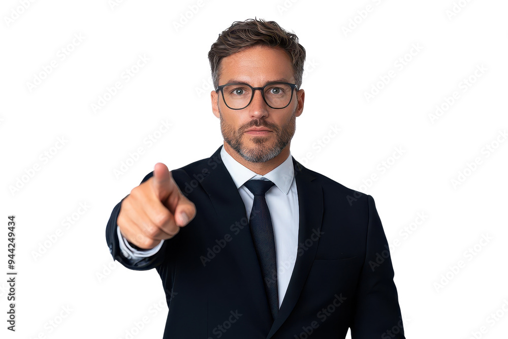 Confident business professional in a suit gestures assertively with a direct look, embodying leadership and authority isolate on transparency background Confident business professional in a suit gestures assertively with a direct look, embodying leadership and authority isolate on transparency background
