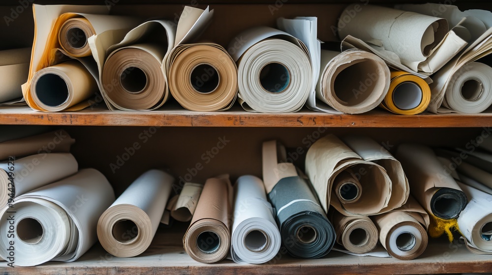 Stacked rolls of paper line the shelves, creating a tidy and organized storage solution for essential supplies in a home or office setting. Stacked rolls of paper line the shelves, creating a tidy and organized storage solution for essential supplies in a home or office setting.