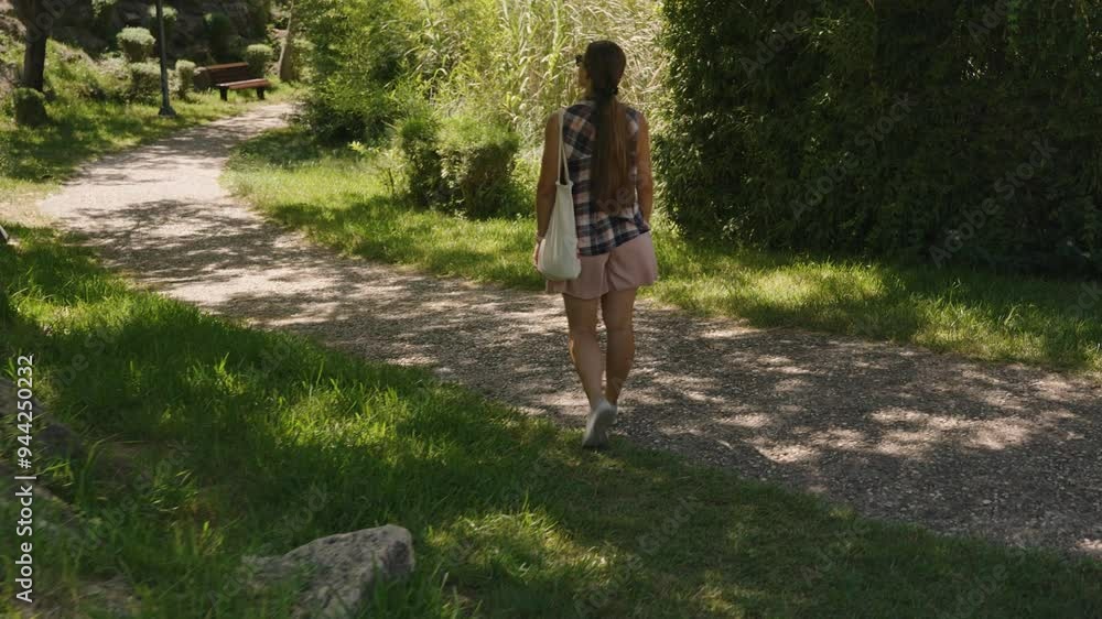Woman walks on a Sun-dappled Gravel Path through a Lush Green Park, glancing back while holding a Bag. Woman walks on a Sun-dappled Gravel Path through a Lush Green Park, glancing back while holding a Bag.