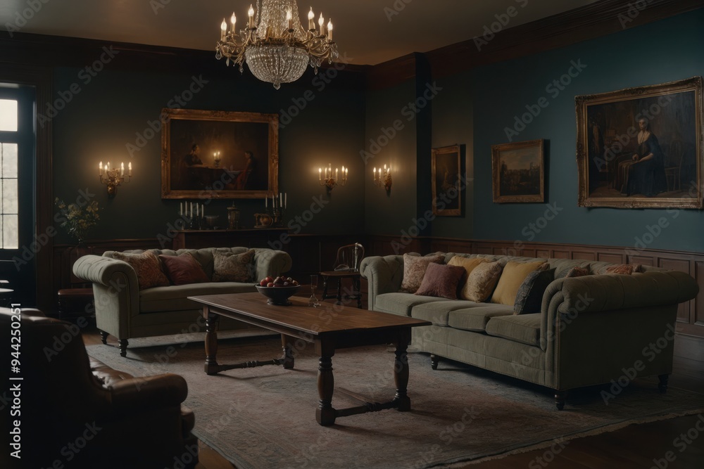 A living room with two couches and a coffee table. The room is dimly lit and has a cozy atmosphere A living room with two couches and a coffee table. The room is dimly lit and has a cozy atmosphere