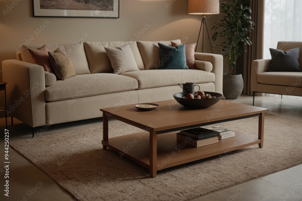 Fototapeta premium A living room with a brown coffee table and a white couch. The couch is covered in pillows and the coffee table has a bowl of fruit on it. The room has a cozy and inviting atmosphere