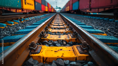 Close Up of Train Tracks with Blurred Freight Trains in the Background - Photo