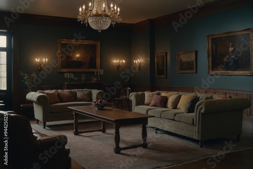 Wallpaper Mural A living room with two couches and a coffee table. The room is dimly lit and has a cozy atmosphere Torontodigital.ca