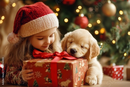 On Christmas morning, a golden retriever puppy dog was unexpectedly delivered under the tree. photo