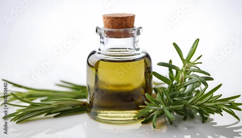  Rosemary essential oil in a small glass bottle on a white background