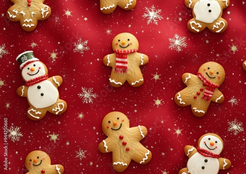 The pattern of various Christmas cookies on a background of vibrant red is flat laid.