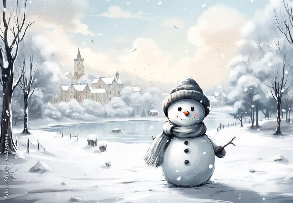 Obraz premium Snowman illustration in snowy landscape. Christmas celebration time
