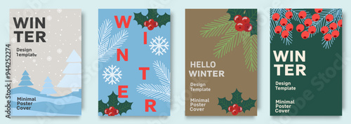 Set of winter greeting cards, posters, holiday covers template with festive holly leaves and berries, snowflakes. For seasonal greetings and promotions, banner, ads, social media