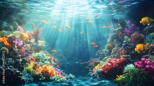 Underwater coral reef with colorful fish and sea life, a vibrant marine landscape. An ocean underwater scene with sunlight filtering through the water