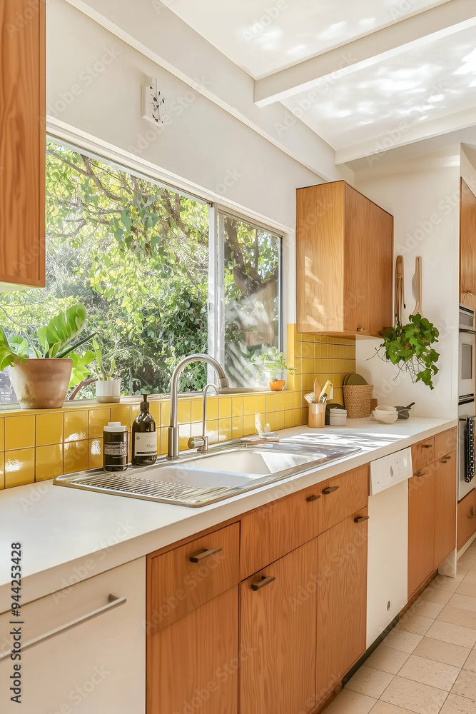 Fototapeta premium Modern Kitchen Interior with Large Windows and Natural Light