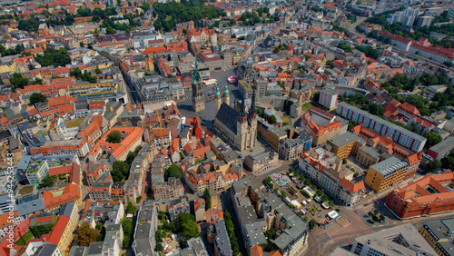 An Aerial panorama view around the old town of the city Halle Saale on an early summer day in Germany.