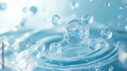 Cosmetic moisturizer water molecule in a liquid bubble against a water background 3D rendering of a cosmetic essence