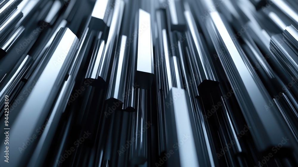 3D rendered abstract metallic backdrop featuring vertical tubes that shift dynamically in an up and down motion
