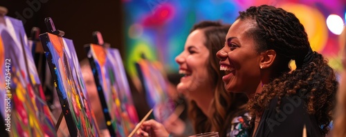 Woman smiling at painting night with wine and friends