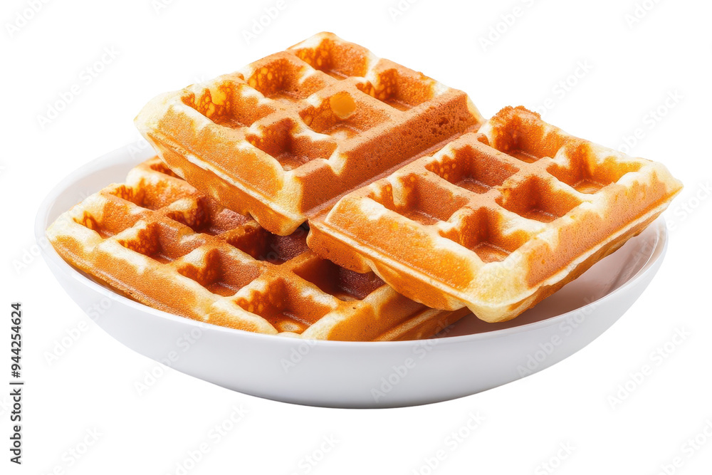 Delicious golden waffles stacked on a white plate, perfect for breakfast or dessert with syrup or fruit isolate on transparency background Delicious golden waffles stacked on a white plate, perfect for breakfast or dessert with syrup or fruit isolate on transparency background