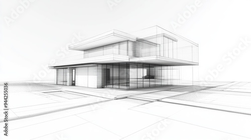 Abstract architectural design featuring a modern house plan 3D render of a wireframe low poly mesh construction