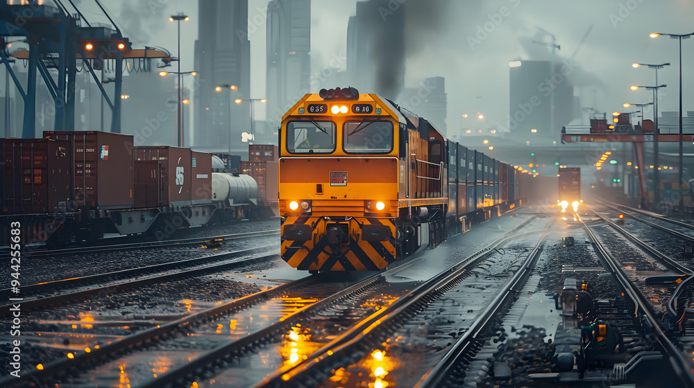 Industrial Train Locomotive Railway Tracks in Rainy Cityscape Industrial Train Locomotive Railway Tracks in Rainy Cityscape