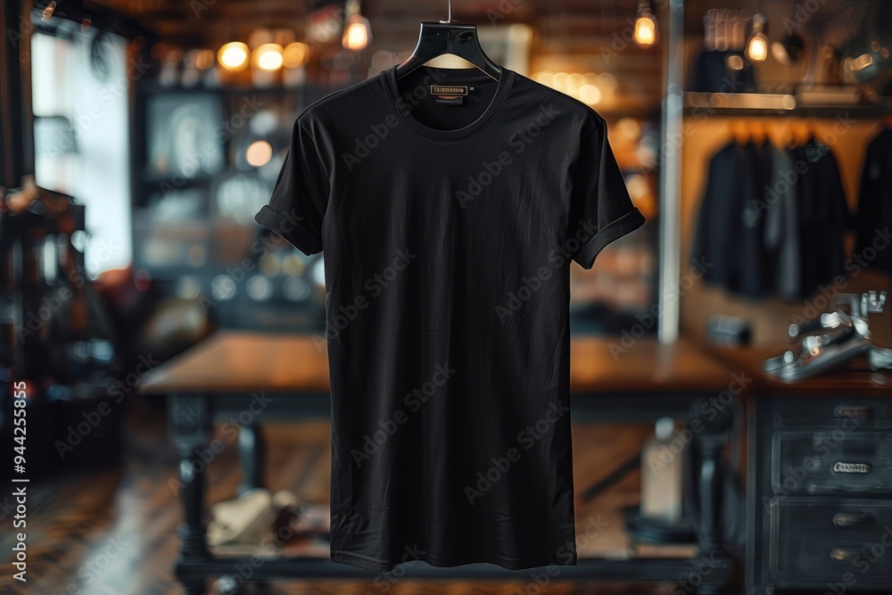 Black T-Shirt Displayed in a Boutique Clothing Store Interior for mockup Black T-Shirt Displayed in a Boutique Clothing Store Interior for mockup