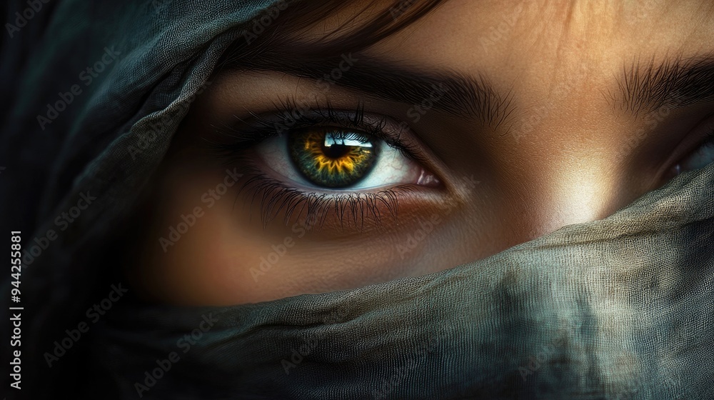 Close-up of a Woman's Eye with Green Iris and Golden Specks Covered by a Fabric Veil Close-up of a Woman's Eye with Green Iris and Golden Specks Covered by a Fabric Veil