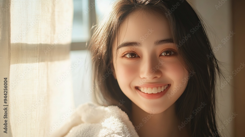 Beautiful young Asian woman smiling happily standing inside the house near the glass window smiling looking at the camera. Woman with white towel on her shoulder Beautiful young Asian woman smiling happily standing inside the house near the glass window smiling looking at the camera. Woman with white towel on her shoulder