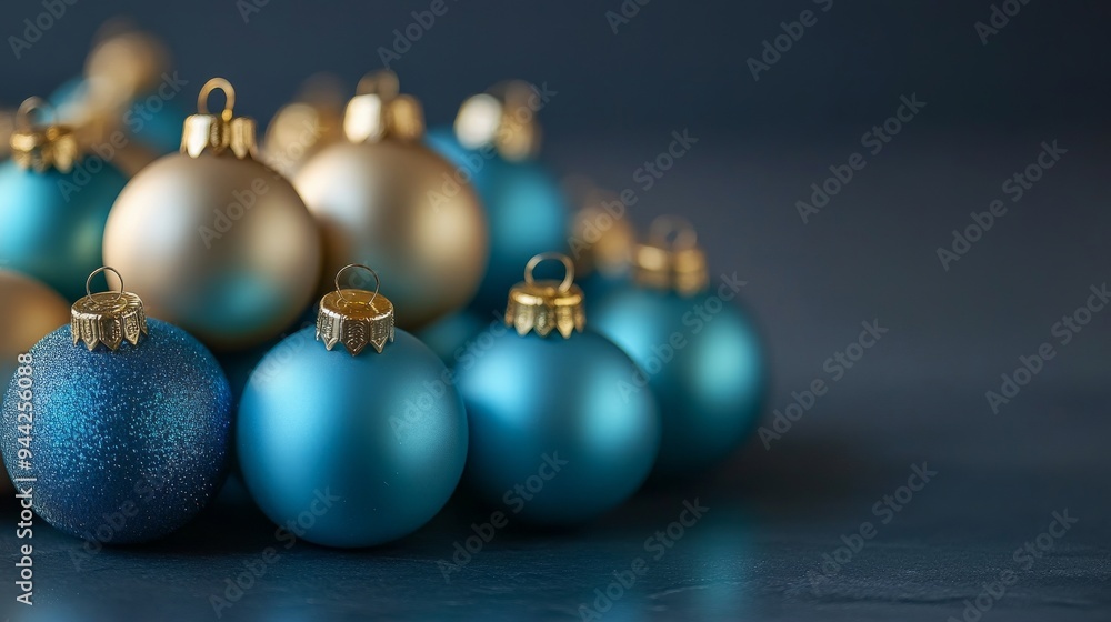 Baubels with blue and gold festive backgrounds.