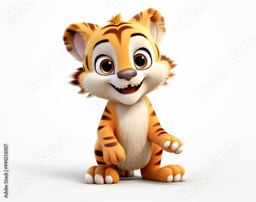 3D funny tiger cartoon on white background. Wildlife celebration time