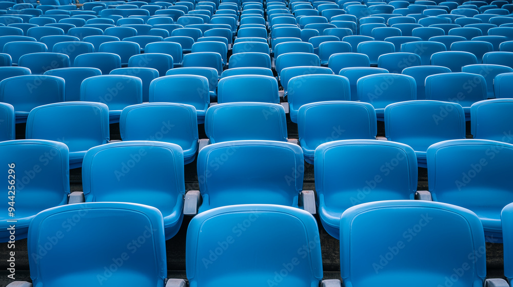 Blue seats in an outdoor stadium, rows of seats, advertising photography Blue seats in an outdoor stadium, rows of seats, advertising photography