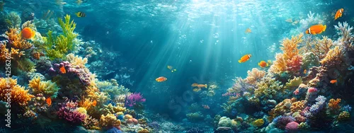 Panel kuchenny z motywem Underwater coral reef with colorful fish and sea life, a vibrant marine landscape. An ocean underwater scene with sunlight filtering through the water