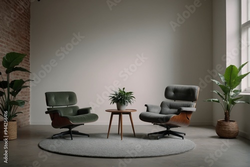 Two chairs are facing each other in a room with a white wall and a potted plant in the middle. The chairs are wooden and the room has a minimalist and modern feel