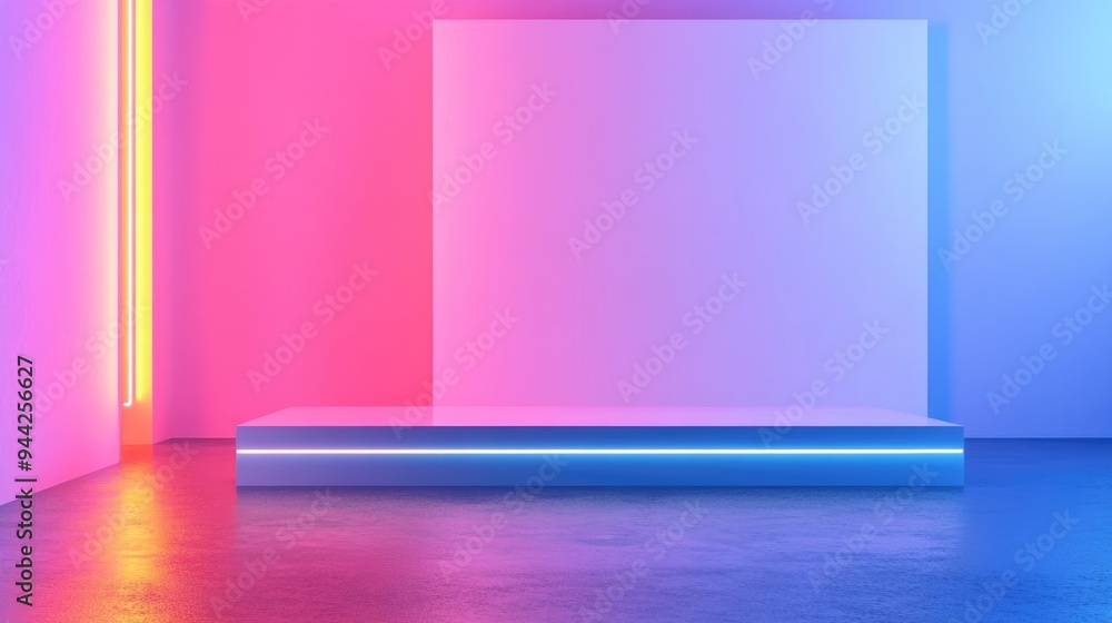 Abstract interior with a white banner stand featuring illuminated neon light lines in a 3D rendered illustration