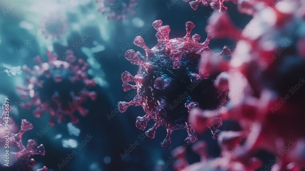 Fototapeta premium COVID 19 virus backdrop featuring harmful cells highlighting serious contagious diseases alongside medical treatment and vaccine defense