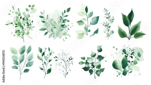 Collection of greenery floral designs with watercolor splashes featuring isolated illustrations on a clean white backdrop