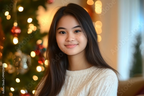 At home, a woman with a decorated Christmas tree poses for a picture with a copy space.