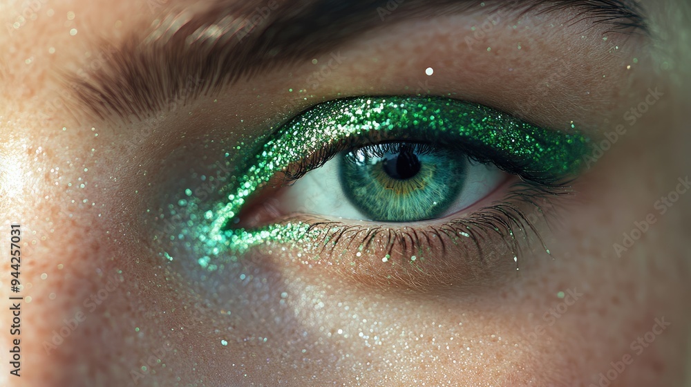 Close-up of a Green Eye with Glitter Eyeliner Close-up of a Green Eye with Glitter Eyeliner