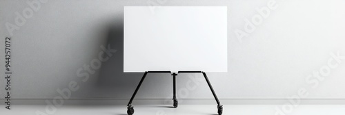 A blank whiteboard mounted on a black tripod stand with wheels, isolated on a white background.  The whiteboard is perfect for showcasing presentations, ideas, or messages. The wheeled tripod allows f photo