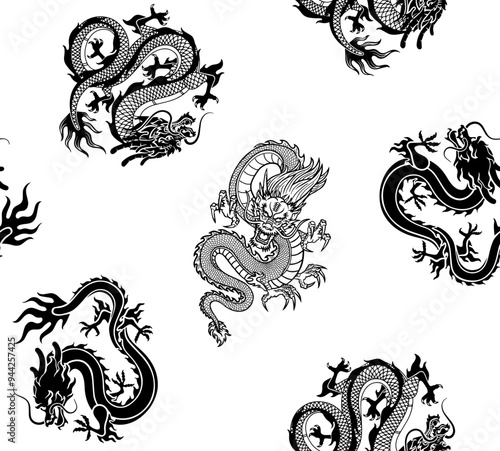 Patron de dragones negros en fondo blanco