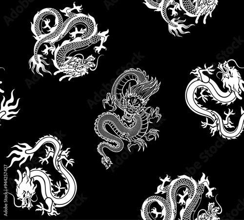 Patron de dragones blancois en fondo negro