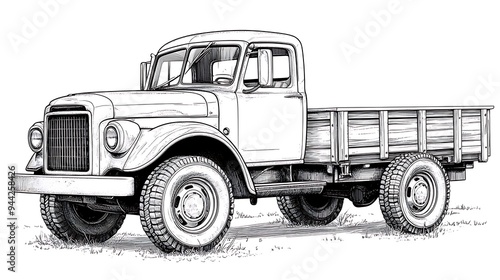 A vintage black and white line drawing of a pickup truck with a wooden bed.