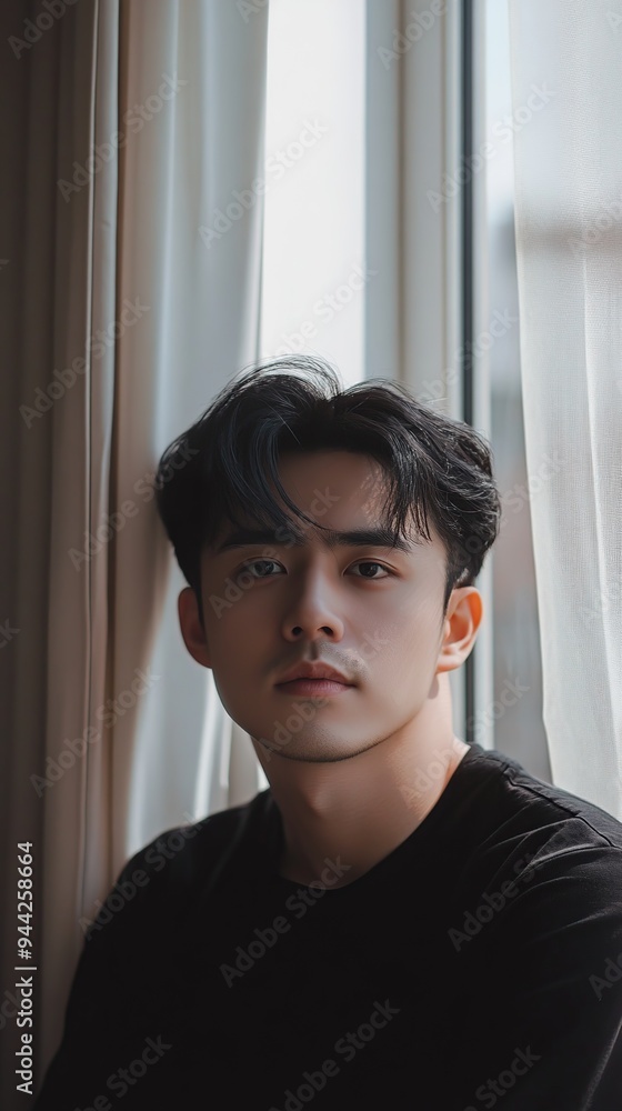 Portrait of a young Asian man wearing a black t-shirt sitting near a house window with curtains and looking at the camera Portrait of a young Asian man wearing a black t-shirt sitting near a house window with curtains and looking at the camera