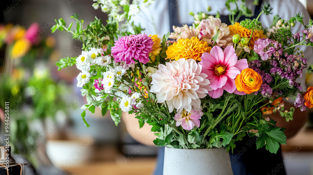 Fresh flowers being arranged in a vase, Monday morning, uplifting and cheerful Fresh flowers being arranged in a vase, Monday morning, uplifting and cheerful