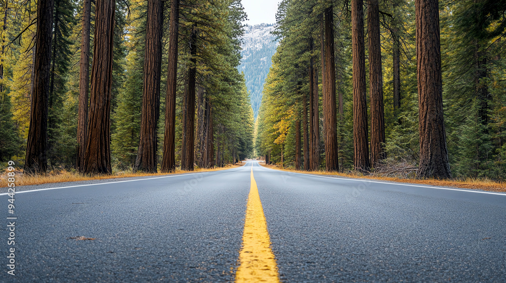 Fototapeta premium Empty road lined with towering pine trees, peaceful and isolated